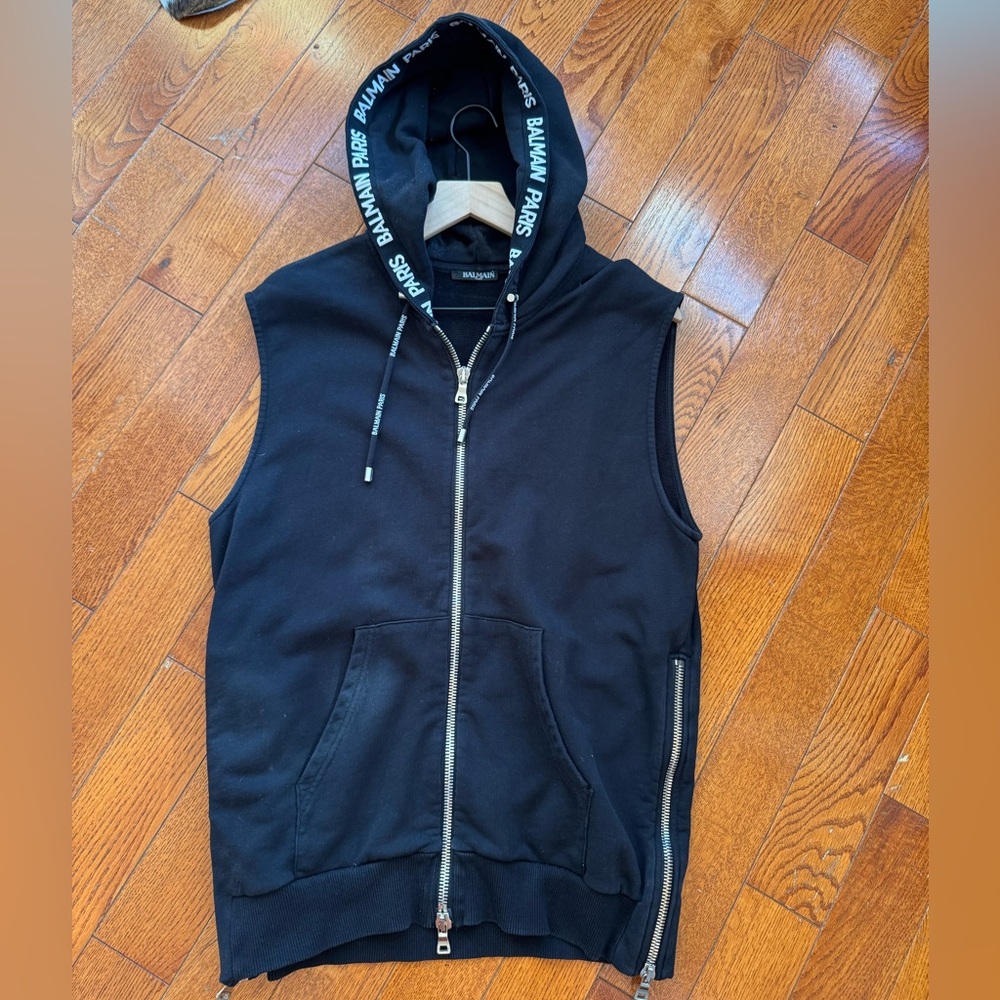 BALMAIN MEN'S ZIP-FRONT HOODIE VEST sleeveless hoody Size large authentic